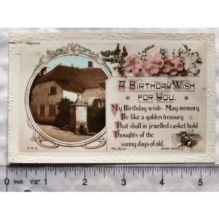 1920s postcard A Birthday Wish For You - Cottage & Pump