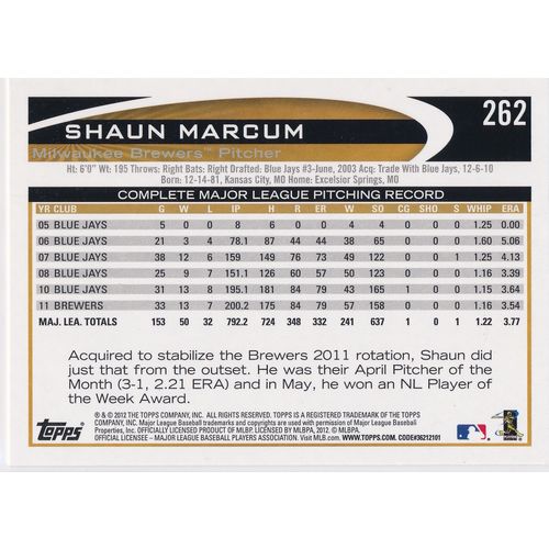 2012 Topps - #262 - Shaun Marcum Milwaukee Brewers