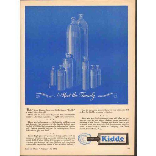 WALTER KIDDE COMPANY 1943 Family high pressure gas cylinder vintage ad