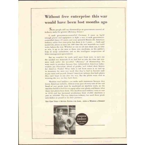 WARNER SWASEY 1943 free enterprise war production tools WW2 vintage ad