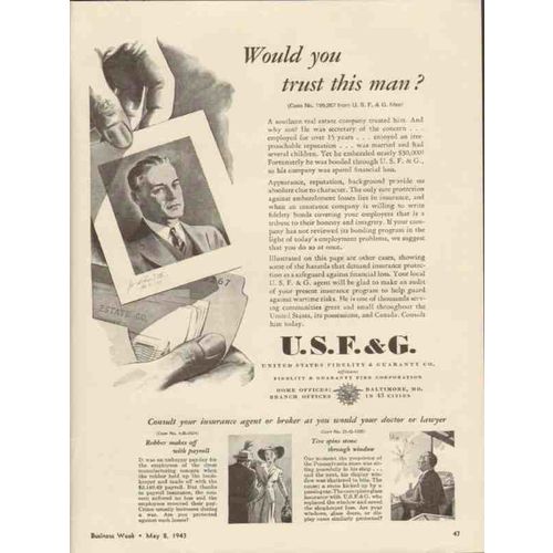 UNITED STATES FIDELITY GUARANTY CO 1943 you trust this man vintage ad