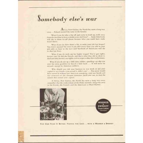 WARNER SWASEY 1943 Somebody elses war production work WW2 vintage ad