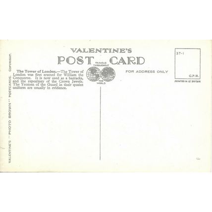 TOWER OF LONDON<>VALENTINE'S POSTCARD<>1894
