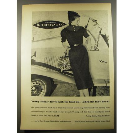 1954 B. Altman Fashion Ad - Young Colony drives with the hood up