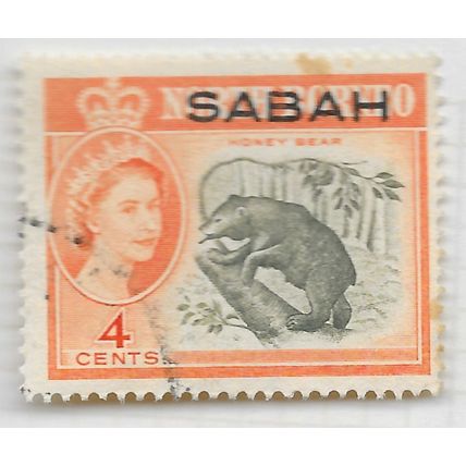 SABAH MALAYA 1964 NORTH BORNEO OVERPRINTED 4c SUN HONEY BEAR USED stains