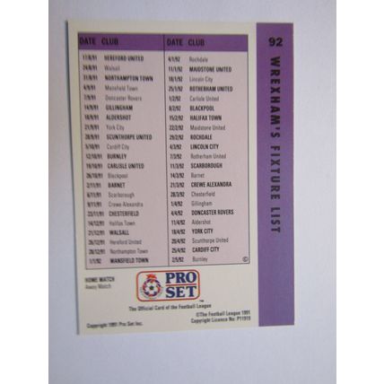 92. Wrexham - Graham Cooper - Pro Set 1990/91 Football Fixture List Card (ef1)
