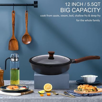 Vinchef Nonstick Deep Frying Pan Saute Pan with Lid, 12In/5.5Qt Fry Pan, German