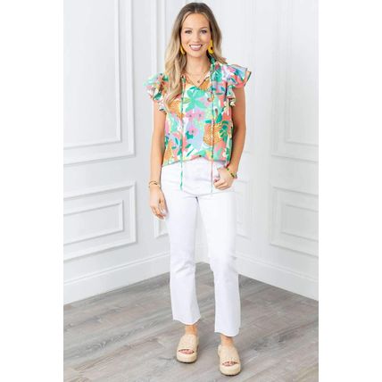Green Frilly Ruffle Tie Split Neck Summer Floral Blouse
