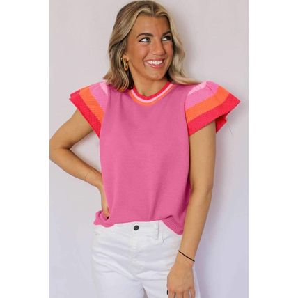 Bright Pink Contrast Flutter Sleeves Knitted Sweater T Shirt
