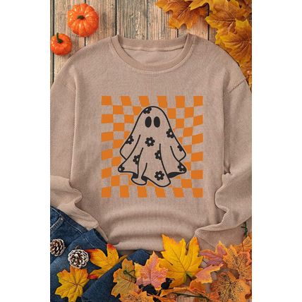 Khaki Checkerboard Floral Ghost Graphic Corded Halloween Sweatshirt