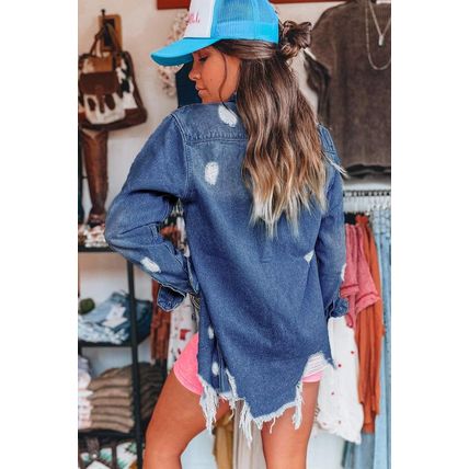 Sky Blue Light Wash Distressed Frayed Long Denim Jacket