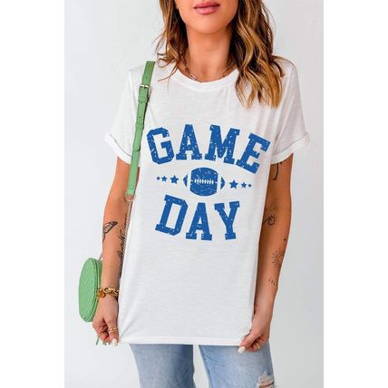 White GAME DAY Rugby Football Graphic Crewneck T Shirt