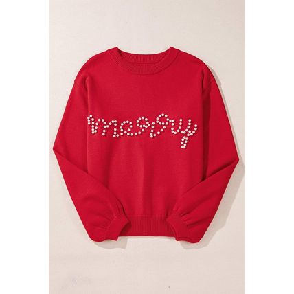 Fiery Red Pearl Beaded Merry Casual Sweater