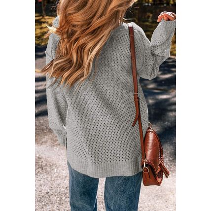 Light Grey Loose Eyelet V Neck Drop Shoulder Sweater