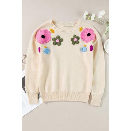 Beige Knitted Flower Pattern Ribbed Edge Sweater