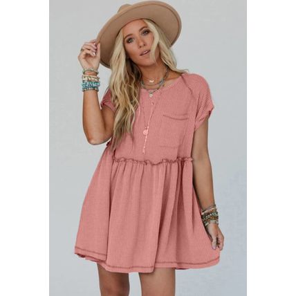 Dusty Pink Corded Knit Textured Patched Pocket Frilled Swing Mini Dress with Poc