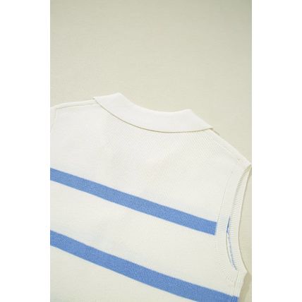 Sky Blue Stripe Split V Neck Collared Ribbed Sweater Vest