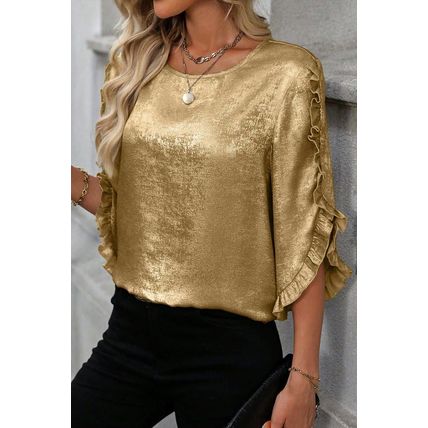 Gold Metallic Luster Frilled Half Sleeve Blouse