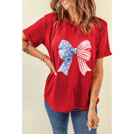 Red Stars and Stripes Bow Print Independence Day T Shirt