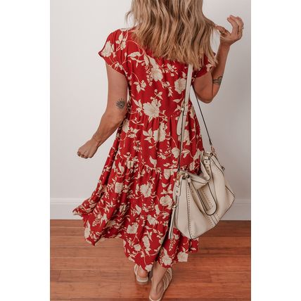 Red Floral Print Buttoned Front V Neck Tiered Short Sleeve Midi Dress