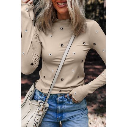 Jet Stream Floral Embroidered Detail Ribbed Long Sleeve Top