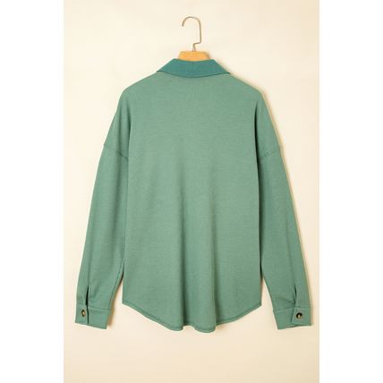 Grass Green Waffle Knit Vintage Patchwork Button Up Loose Shirt