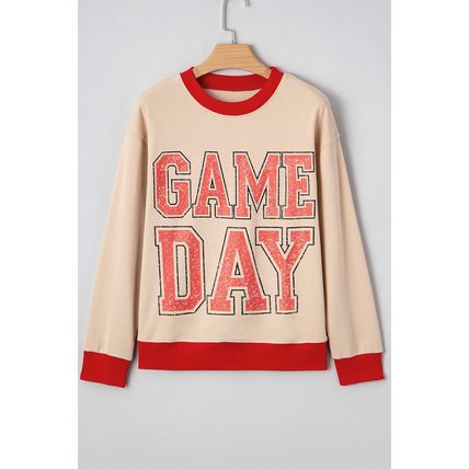 Oatmeal GAME DAY Letter Graphic Varsity Striped Detail Baggy Sweatshirt