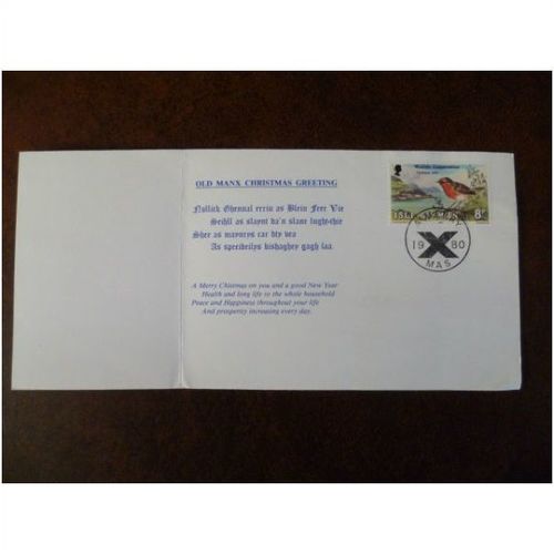 Isle of Man 1980 Christmas Greetings card 8p stamp Robins Manx Xmas Birds SG182