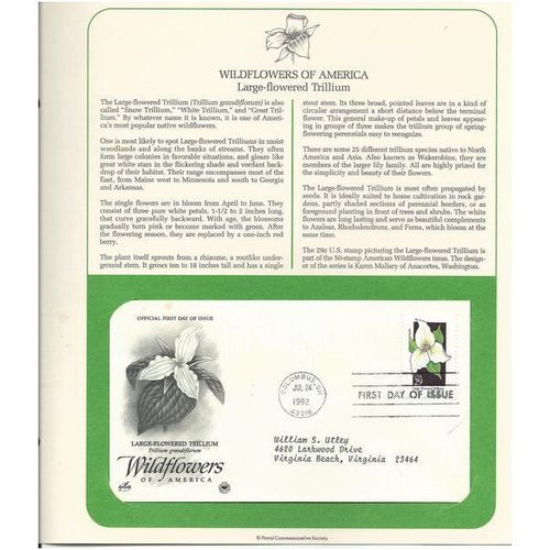 WILDFLOWERS OF AMERICA : TRILLIUM ' OFFICIAL FIRST DAY of ISSUE ' (1992)