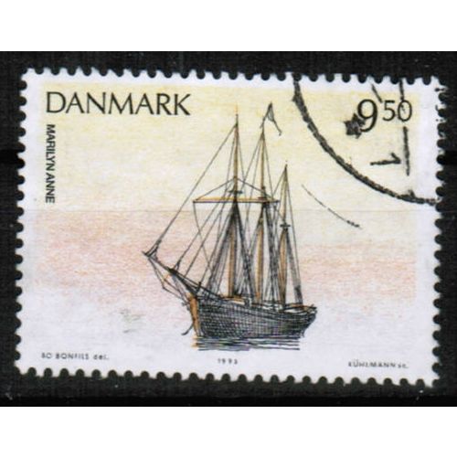 1993 Denmark Sc# 989 vf used - Sailing Ship Marilyn Anne 9.50kr