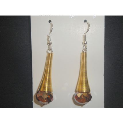 Large fire polished rich cognac crystal glass coil earrings