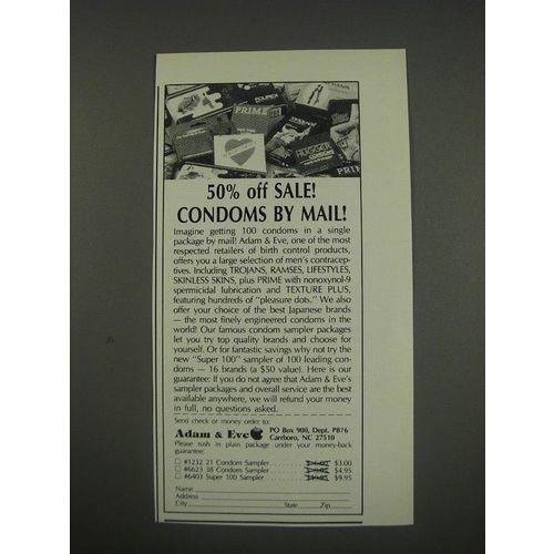 1990 Adam & Eve Condoms Ad - 50% off sale! Condoms by mail