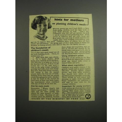 1948 The Ministry of Food Ad - Hints for mothers on planning children's meals