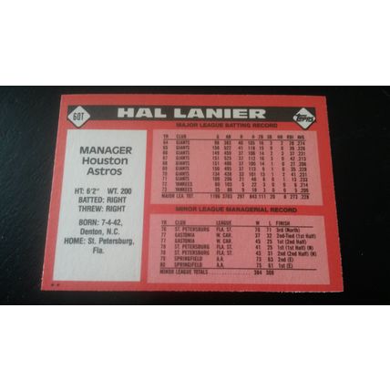1986 Topps Traded Card # 060T Hal Lanier Excellent (5) Houston Astros