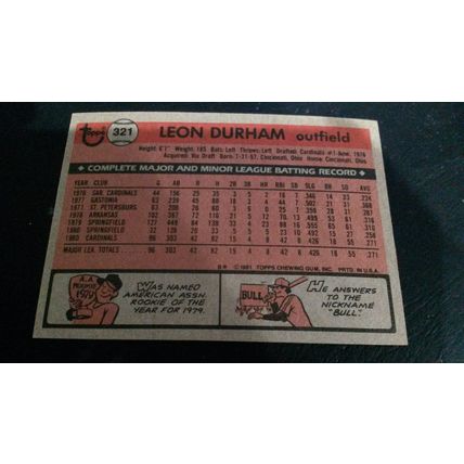 1981 Topps Card # 321 Leon "Bull" Durham Excellent (5) St Louis Cardinals