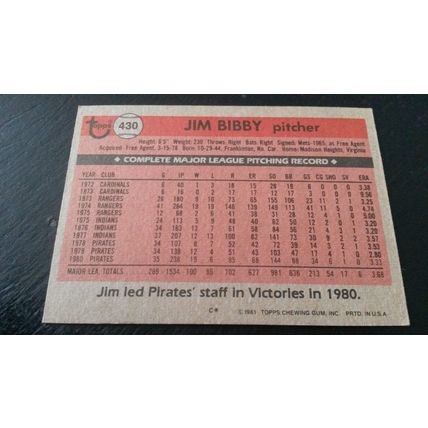 1981 Topps Card # 430 Jim Bibby Very Good-Excellent (4) Pittsburgh Pirates