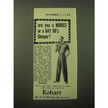 1948 Rohart Drowsers Ad - Are you a Nudist or a Gay 90's Sleeper?
