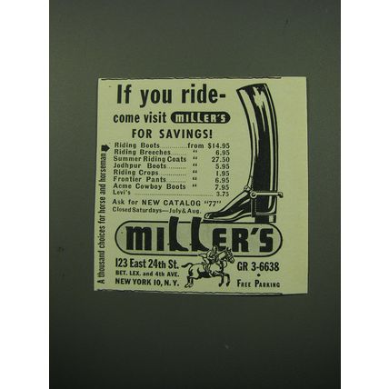 1950 Miller's Riding Clothes Ad - If you ride - come visit Miller's for savings