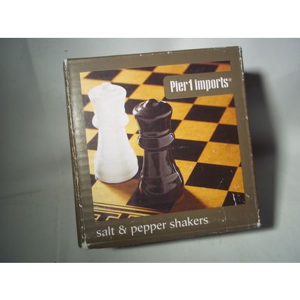 Pier 1 Ceramic Chess Pawn Salt and Pepper Shakers Black & White In Original Box*
