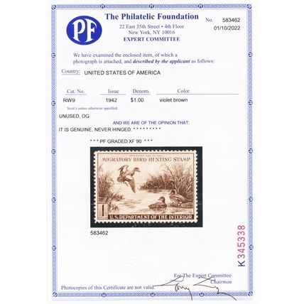 RW9, Mint XF NH $1 Duck - With Graded 90 PFC Certificate * Stuart Katz