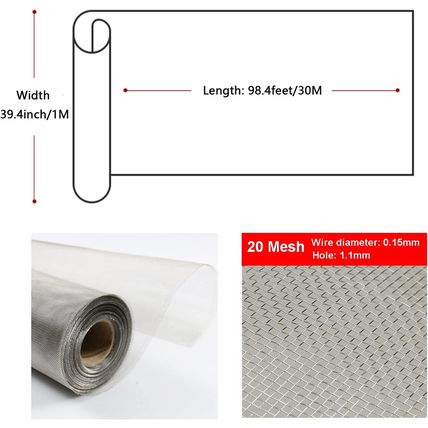 MYOYAY 304 Stainless Steel Screen Mesh 39.4 Inch X 98.4 Feet Window Screen Roll