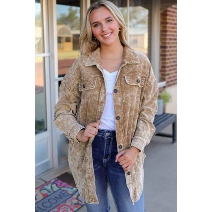 Khaki Vintage Distressed Mineral Wash Oversized Shacket