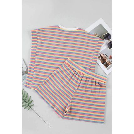 Pink Stripe Crew Neck Tee and Tasseled Drawstring Shorts Set
