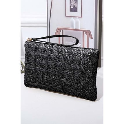 Black Straw Woven Wrist Strap Zipper Large Wallet