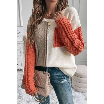 Gold Flame Colorblock Patched Pocket Drop Shoulder Sweater