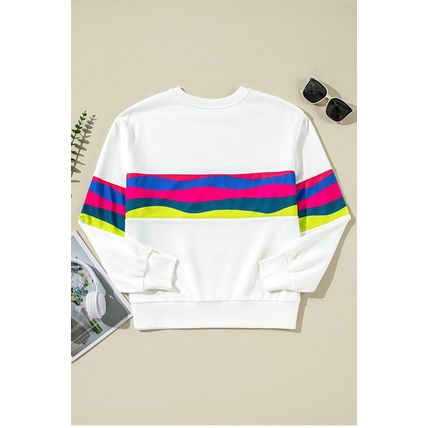 White Colorful Striped Accent Long Sleeve T Shirt