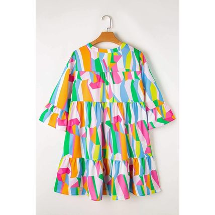 Green Abstract Print Ruffled Sleeve V Neck Dress