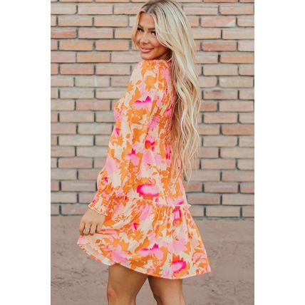 Orange Abstract Print Smocked Lantern Sleeve Ruffle Mini Dress