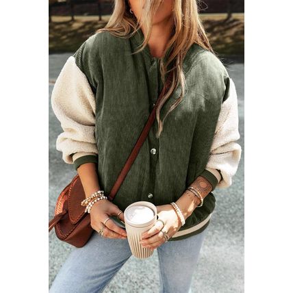 Mist Green Corduroy Fleece Patchwork Buttoned Bomber Jacket