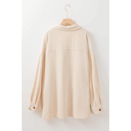 Oatmeal Textured Flap Pockets Buttoned Plus Size Shacket